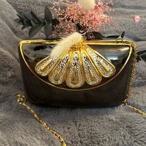Gold Plated and Dark Grey Metal Evening Bag with Crystals